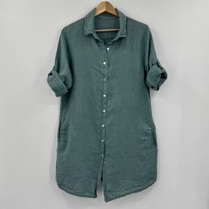 Italian Linen Teal Button Front Tunic Shirt Dress Roll Tab Sleeve Pockets Size L
